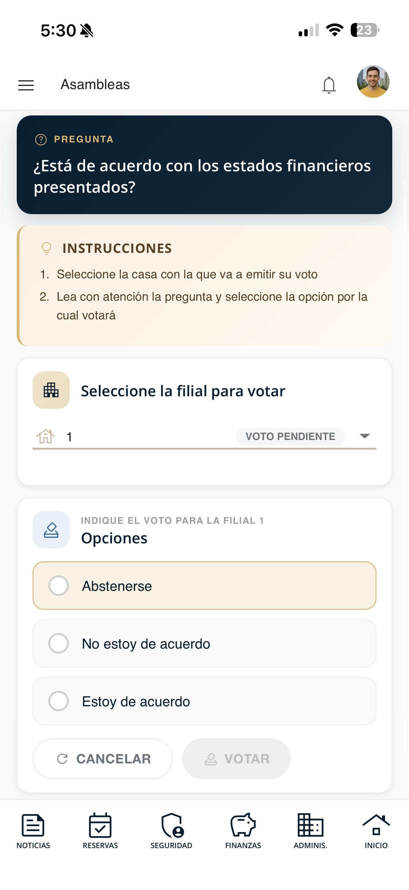Pantalla de votación