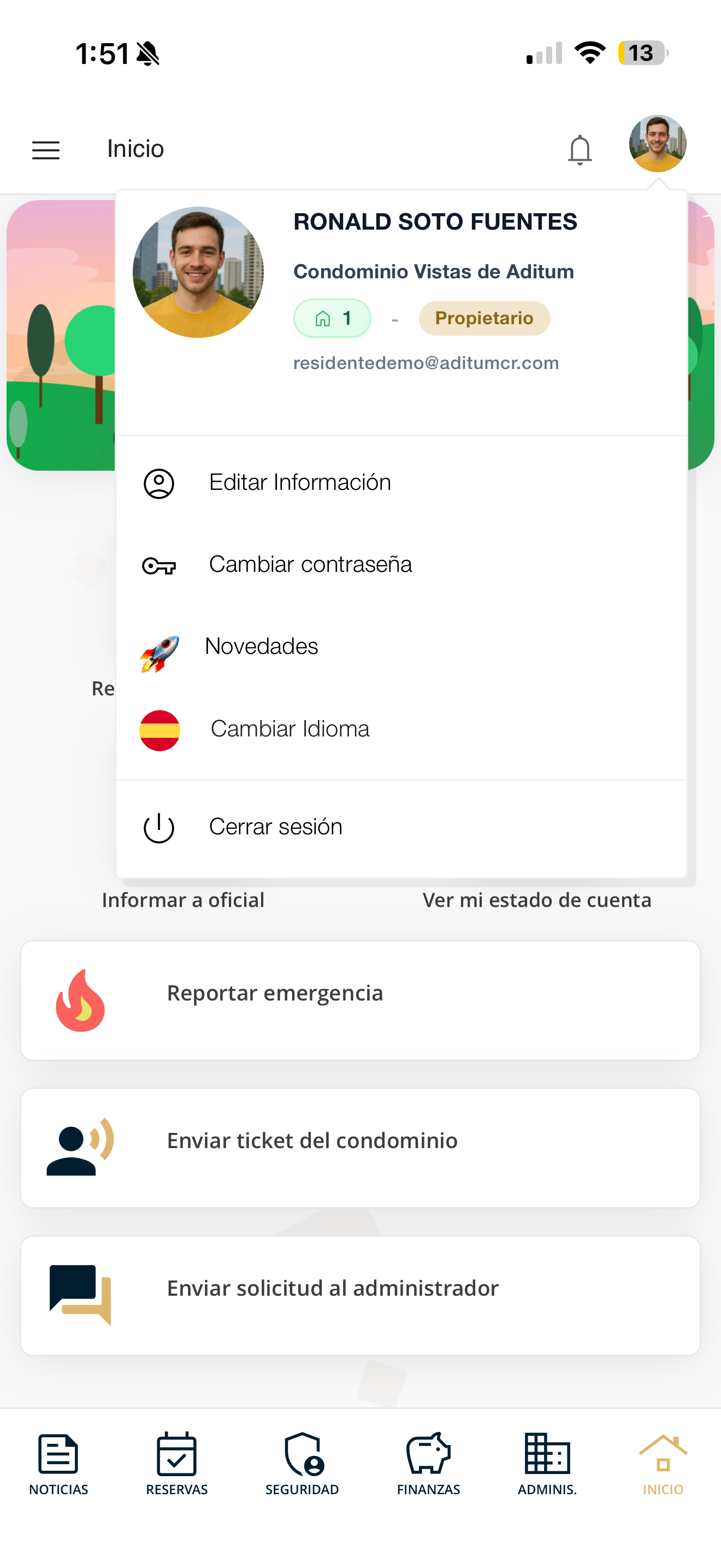 Menú del perfil con sus opciones