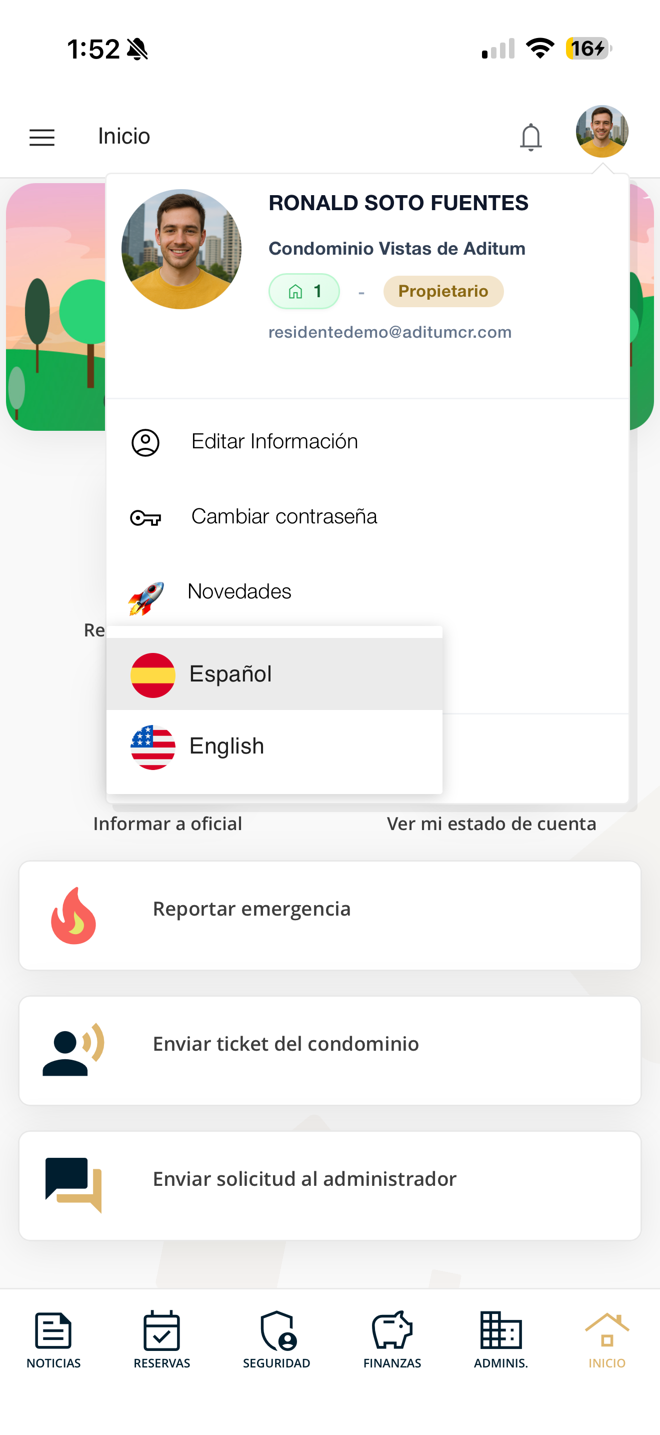 Opciones de idioma Español e Inglés