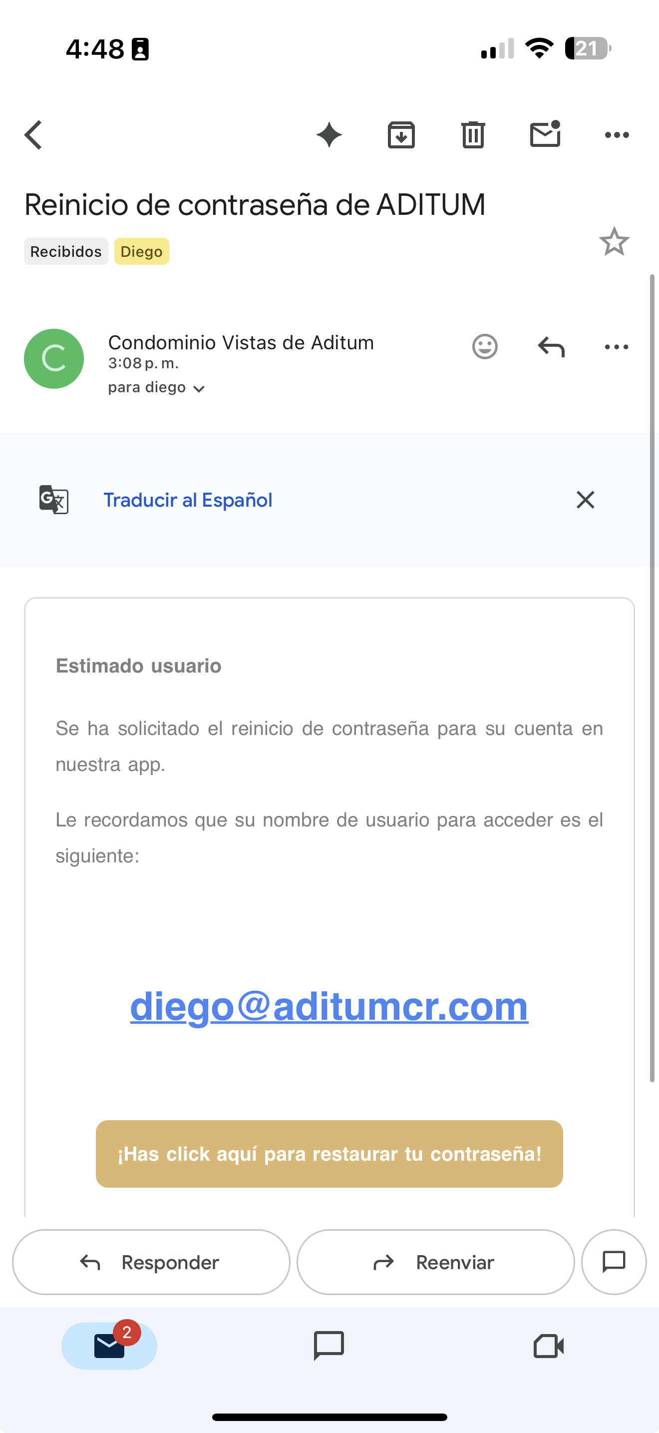 Correo de reinicio